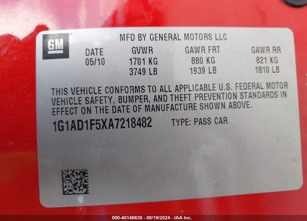 2010 CHEVROLET COBALT VIN: 1G1AD1F5XA7218482