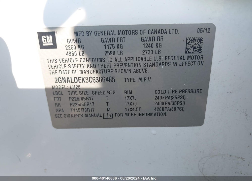 2012 CHEVROLET EQUINOX 1LT VIN: 2GNALDEK3C6366485