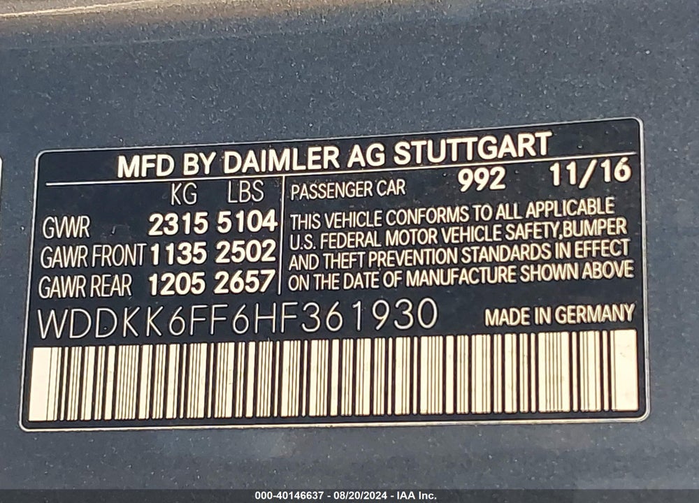 2017 MERCEDES-BENZ E 400 VIN: WDDKK6FF6HF361930