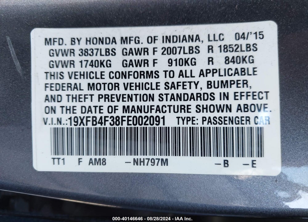 2015 HONDA CIVIC HYBRID VIN: 19XFB4F38FE002091