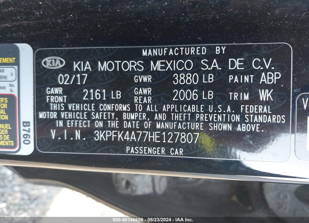 2017 KIA FORTE LX VIN: 3KPFK4A77HE127807