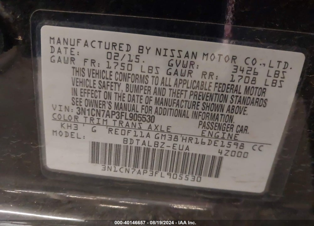 2015 NISSAN VERSA 1.6 S/1.6 S+/1.6 SL/1.6 SV VIN: 3N1CN7AP3FL905530