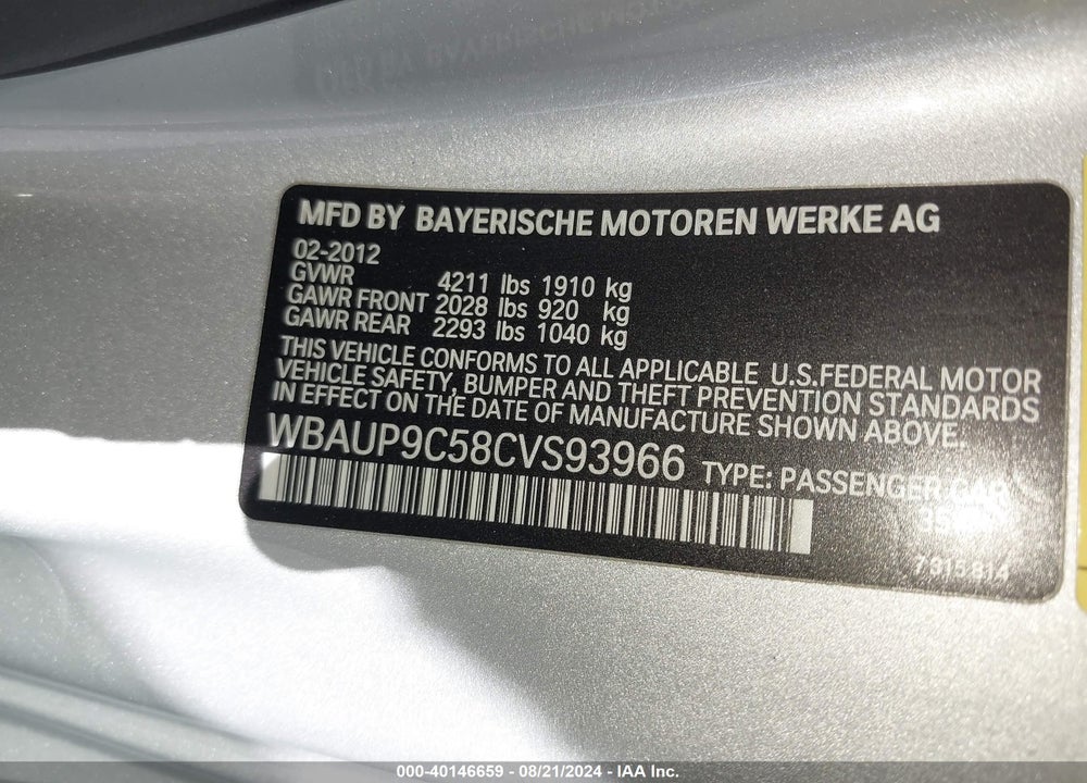 2012 BMW 128I VIN: WBAUP9C58CVS93966