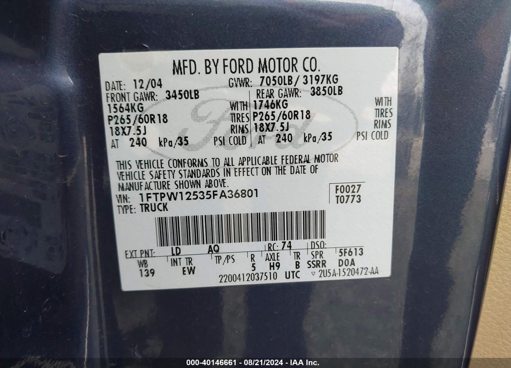 2005 FORD F-150 LARIAT/XLT VIN: 1FTPW12535FA36801