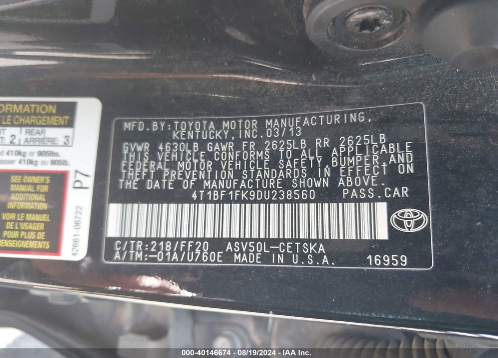 2013 TOYOTA CAMRY SE VIN: 4T1BF1FK9DU238560