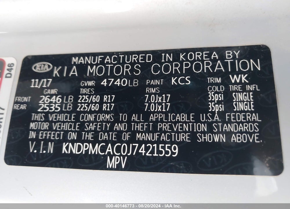 2018 KIA SPORTAGE LX VIN: KNDPMCAC0J7421559