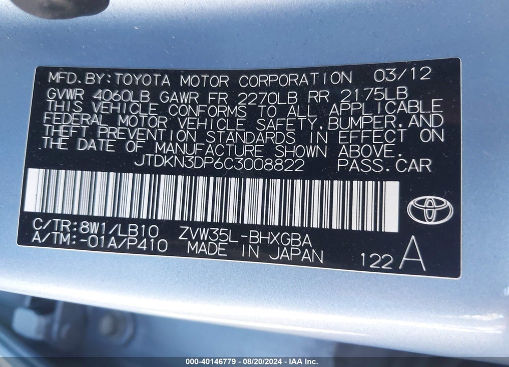 2012 TOYOTA PRIUS PLUG-IN VIN: JTDKN3DP6C3008822