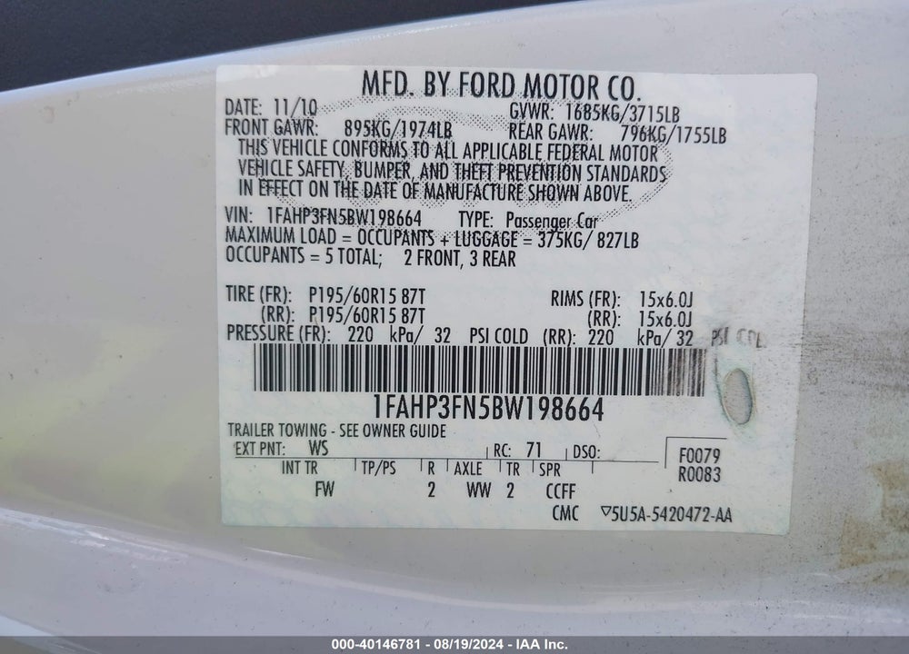2011 FORD FOCUS SE VIN: 1FAHP3FN5BW198664