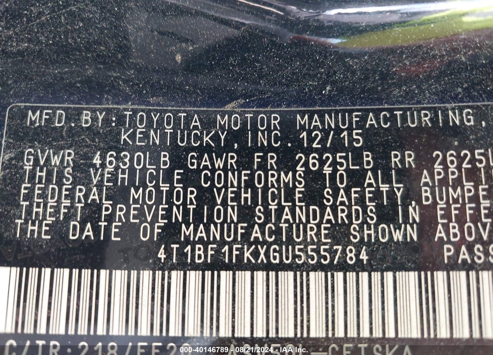 2016 TOYOTA CAMRY SE VIN: 4T1BF1FKXGU555784