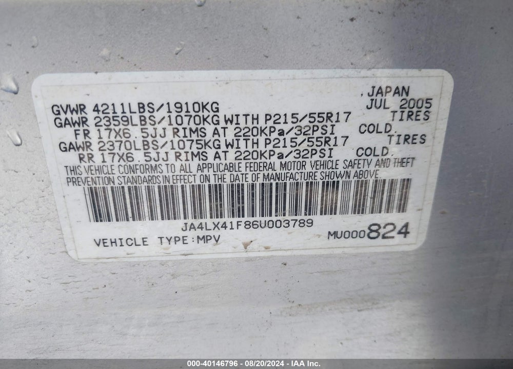 2006 MITSUBISHI OUTLANDER SE VIN: JA4LX41F86U003789