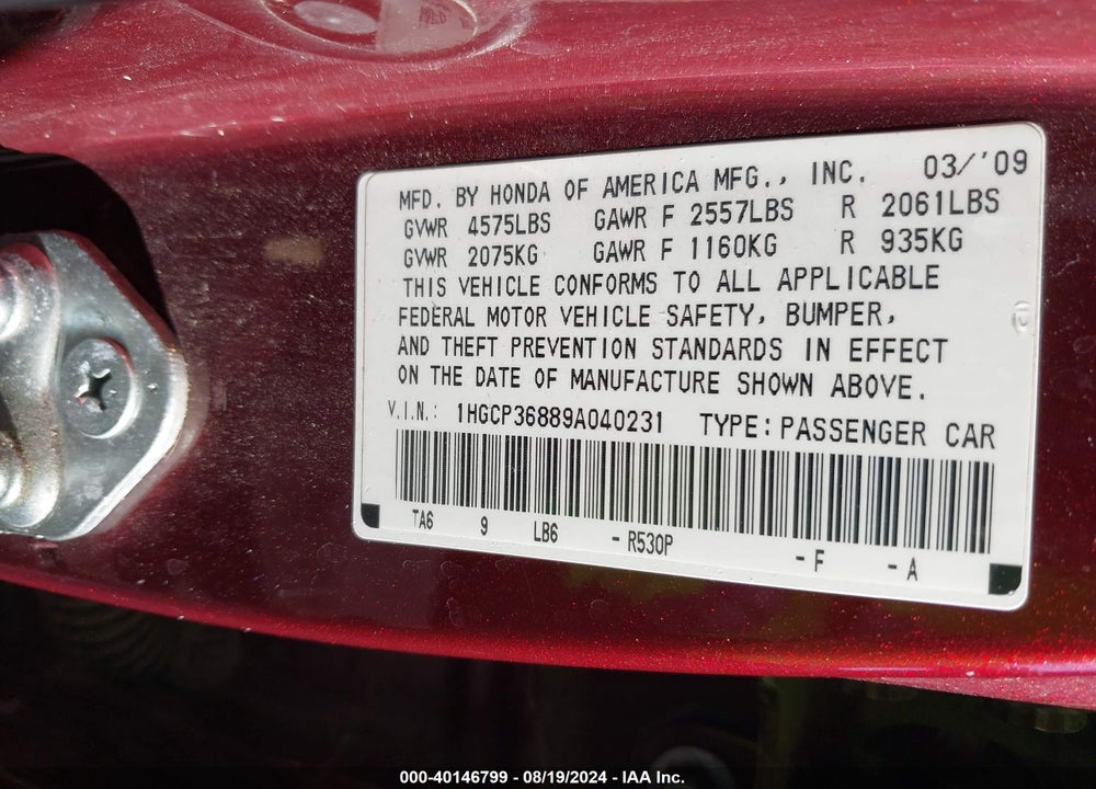 2009 HONDA ACCORD 3.5 EX-L VIN: 1HGCP36889A040231