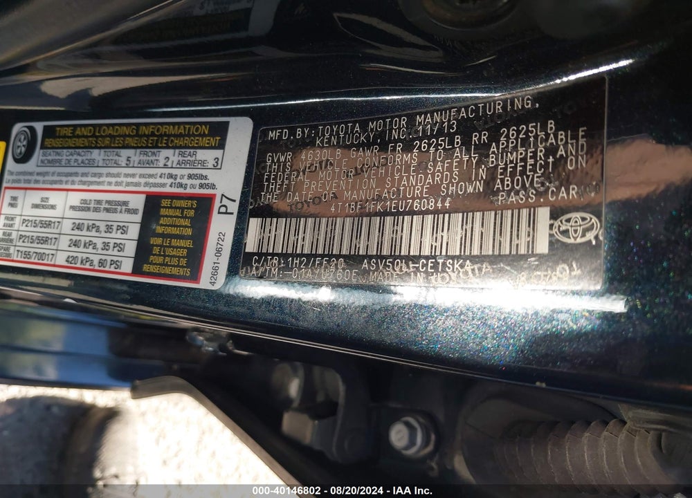 2014 TOYOTA CAMRY SE VIN: 4T1BF1FK1EU760844