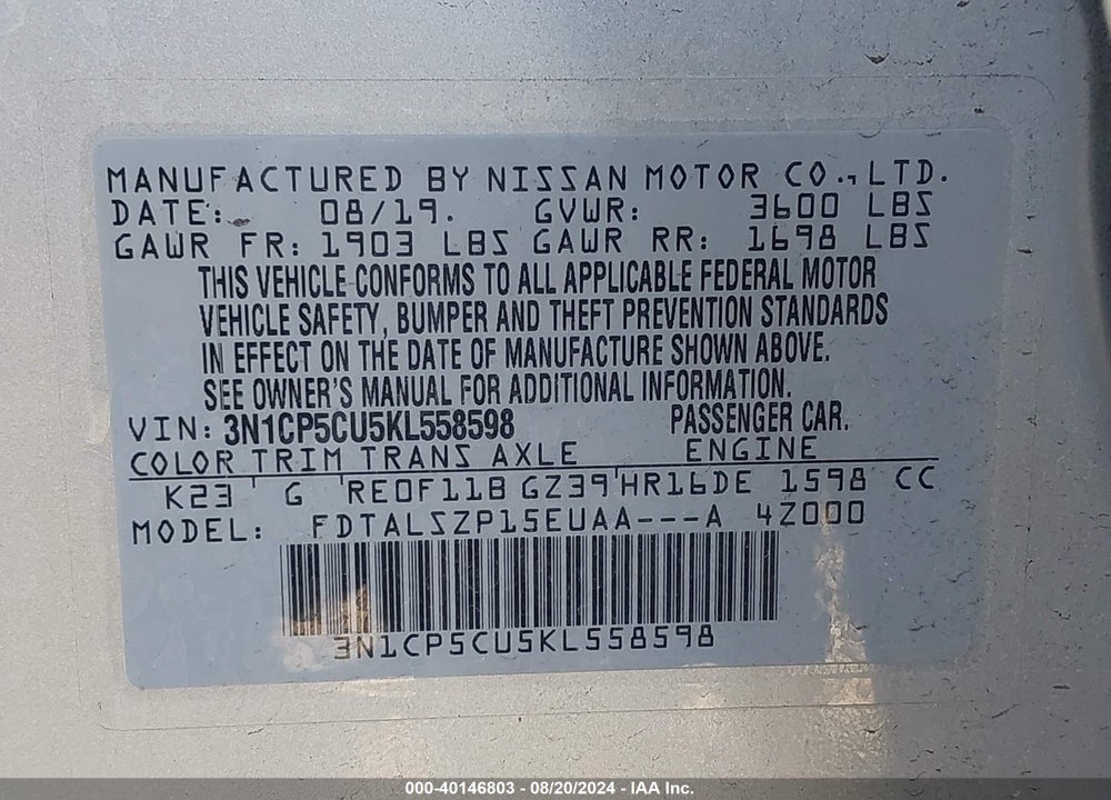 2019 NISSAN KICKS SV VIN: 3N1CP5CU5KL558598