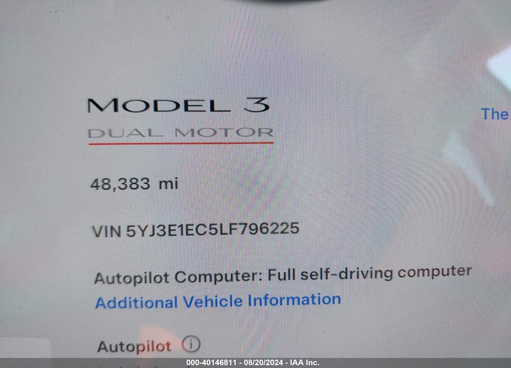 2020 TESLA MODEL 3 PERFORMANCE DUAL MOTOR ALL-WHEEL DRIVE VIN: 5YJ3E1EC5LF796225