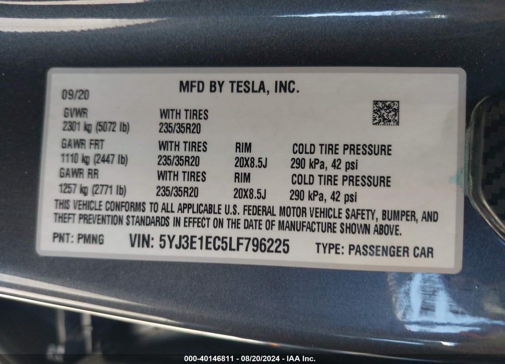 2020 TESLA MODEL 3 PERFORMANCE DUAL MOTOR ALL-WHEEL DRIVE VIN: 5YJ3E1EC5LF796225