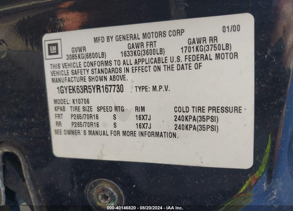 2000 CADILLAC ESCALADE STANDARD VIN: 1GYEK63R5YR167730