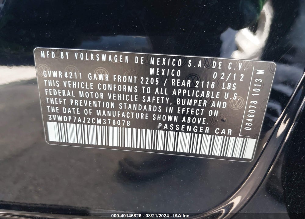 2012 VOLKSWAGEN JETTA 2.5L SE VIN: 3VWDP7AJ2CM376078