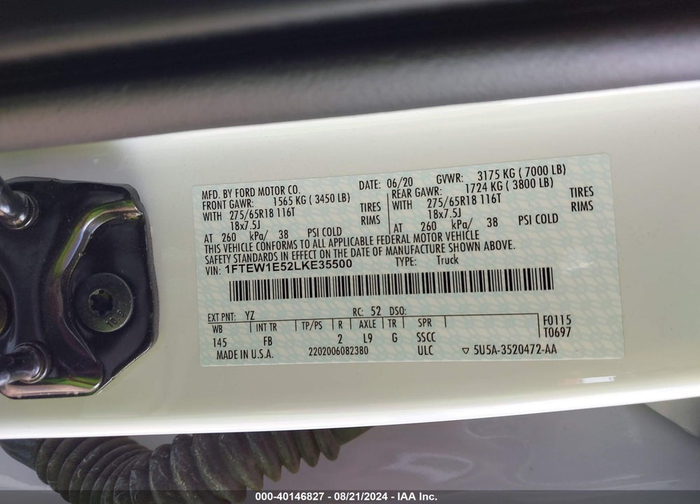 2020 FORD F-150 XLT VIN: 1FTEW1E52LKE35500