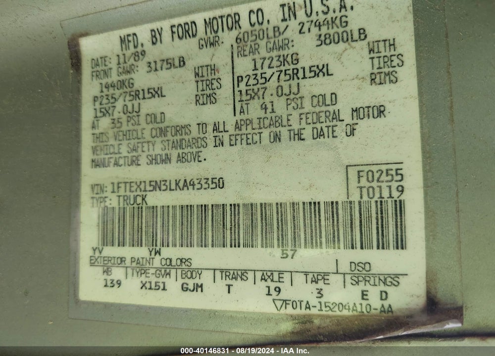 1990 FORD F150 VIN: 1FTEX15N3LKA43350