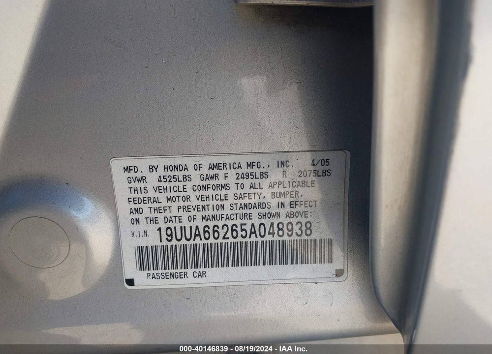 2005 ACURA TL VIN: 19UUA66265A048938