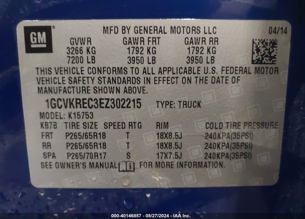 2014 CHEVROLET SILVERADO 1500 2LT VIN: 1GCVKREC3EZ302215