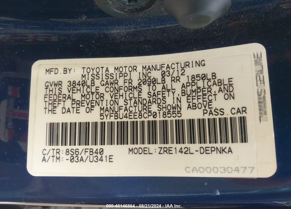 2012 TOYOTA COROLLA LE VIN: 5YFBU4EE8CP018555
