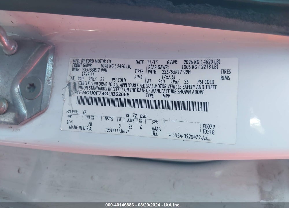 2016 FORD ESCAPE S VIN: 1FMCU0F74GUB62668