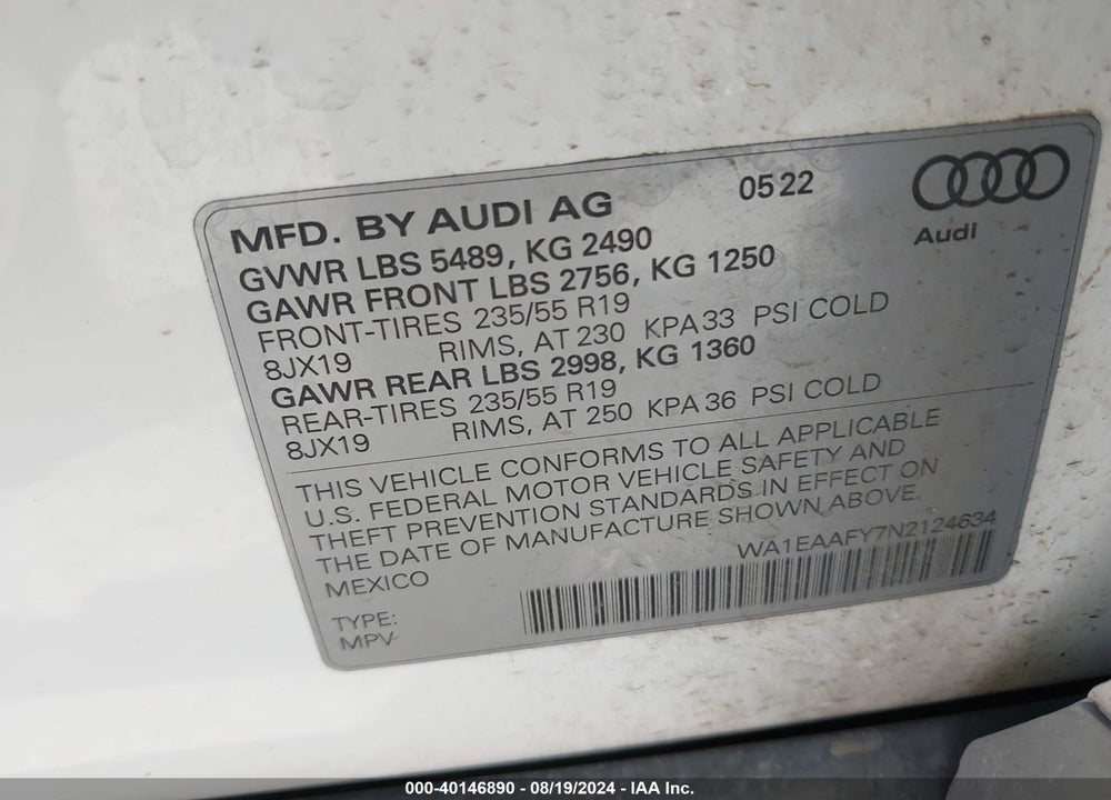 2022 AUDI Q5 PREMIUM PLUS 45 TFSI S LINE QUATTRO S TRONIC VIN: WA1EAAFY7N2124634