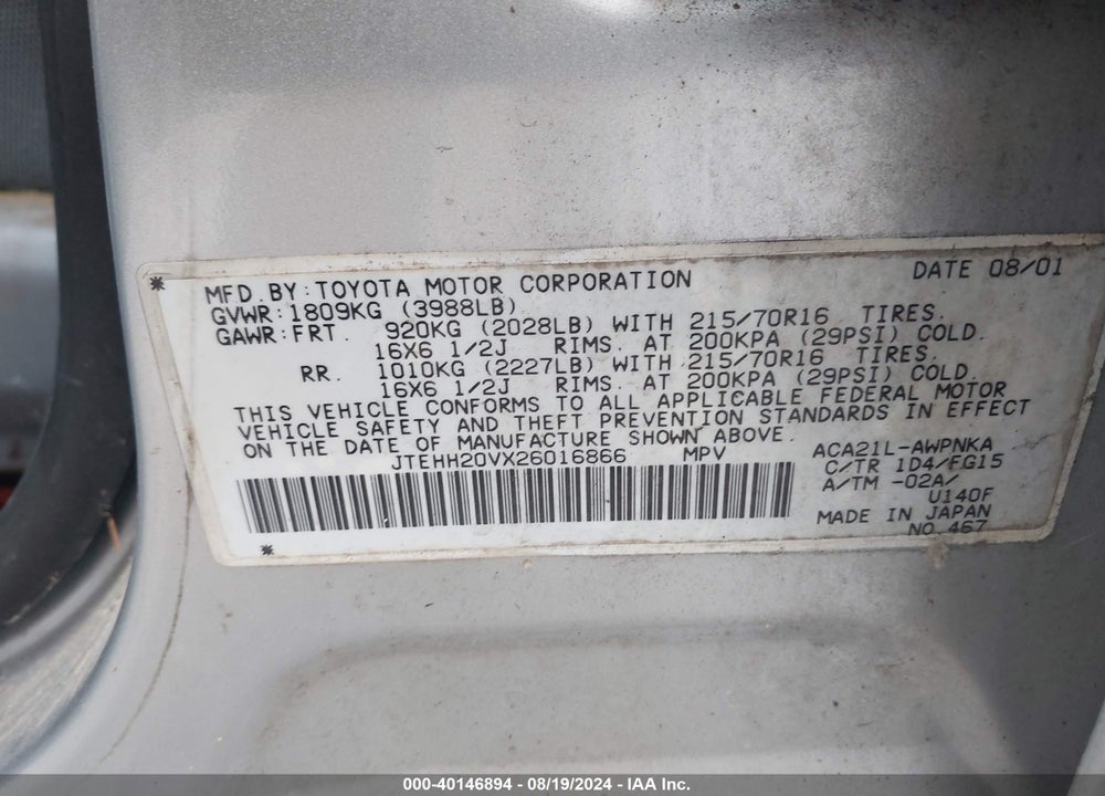 2002 TOYOTA RAV4 VIN: JTEHH20VX26016866