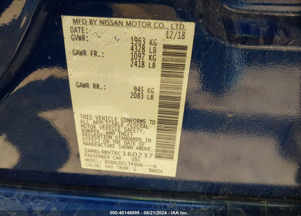 2019 NISSAN ALTIMA 2.5 S VIN: 1N4BL4BV7KC160237