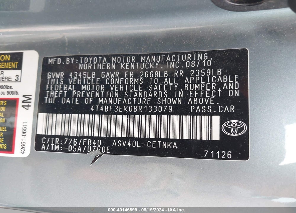 2011 TOYOTA CAMRY LE VIN: 4T4BF3EK0BR133079