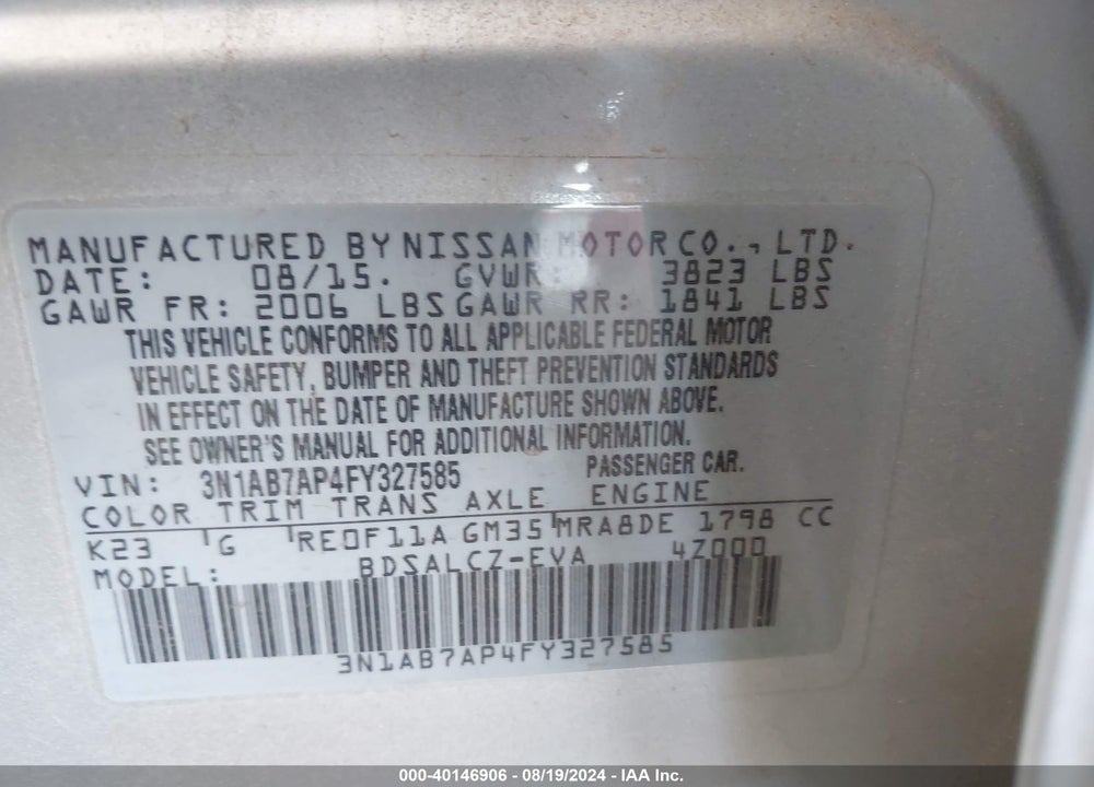 2015 NISSAN SENTRA S VIN: 3N1AB7AP4FY327585