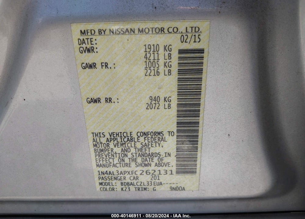 2015 NISSAN ALTIMA 2.5/2.5 S/2.5 SL/2.5 SV VIN: 1N4AL3APXFC262131