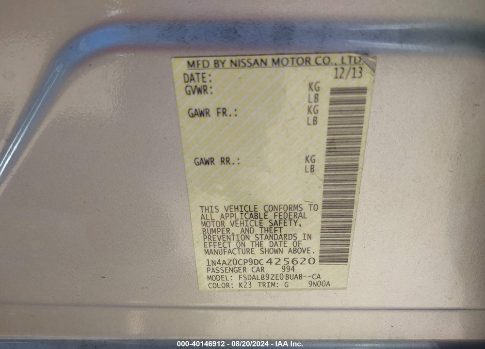 2013 NISSAN LEAF S VIN: 1N4AZ0CP9DC425620