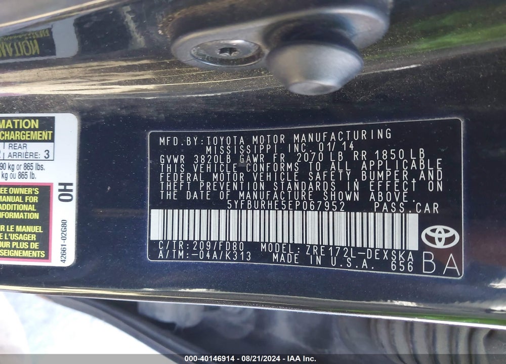 2014 TOYOTA COROLLA S PLUS VIN: 5YFBURHE5EP067952