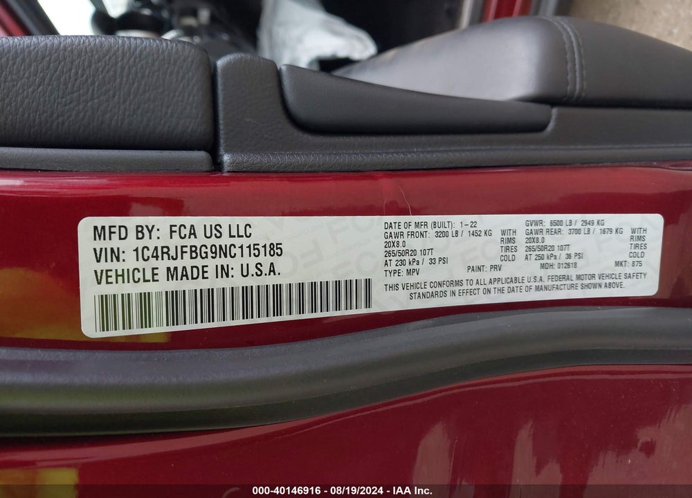 2022 JEEP GRAND CHEROKEE WK LIMITED 4X4 VIN: 1C4RJFBG9NC115185