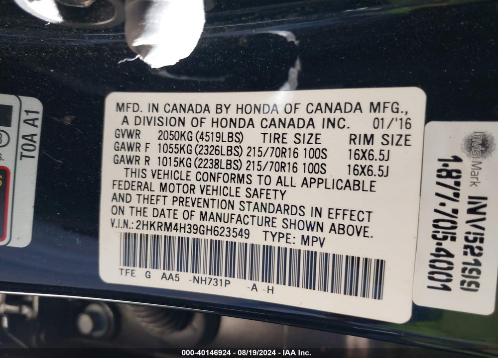 2016 HONDA CR-V LX VIN: 2HKRM4H39GH623549