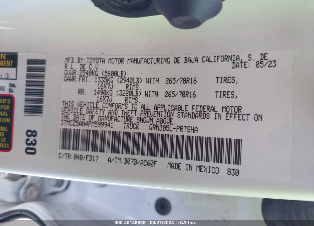2023 TOYOTA TACOMA TRD OFF ROAD VIN: 3TMCZ5AN4PM599941