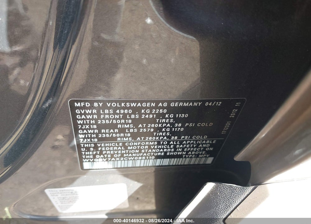 2012 VOLKSWAGEN TIGUAN SE VIN: WVGBV7AX2CW095110