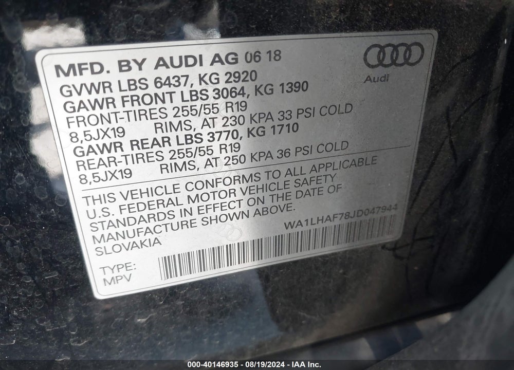 2018 AUDI Q7 2.0T PREMIUM VIN: WA1LHAF78JD047944