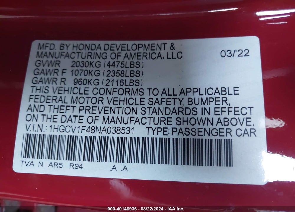 2022 HONDA ACCORD SPORT SPECIAL EDITION VIN: 1HGCV1F48NA038531