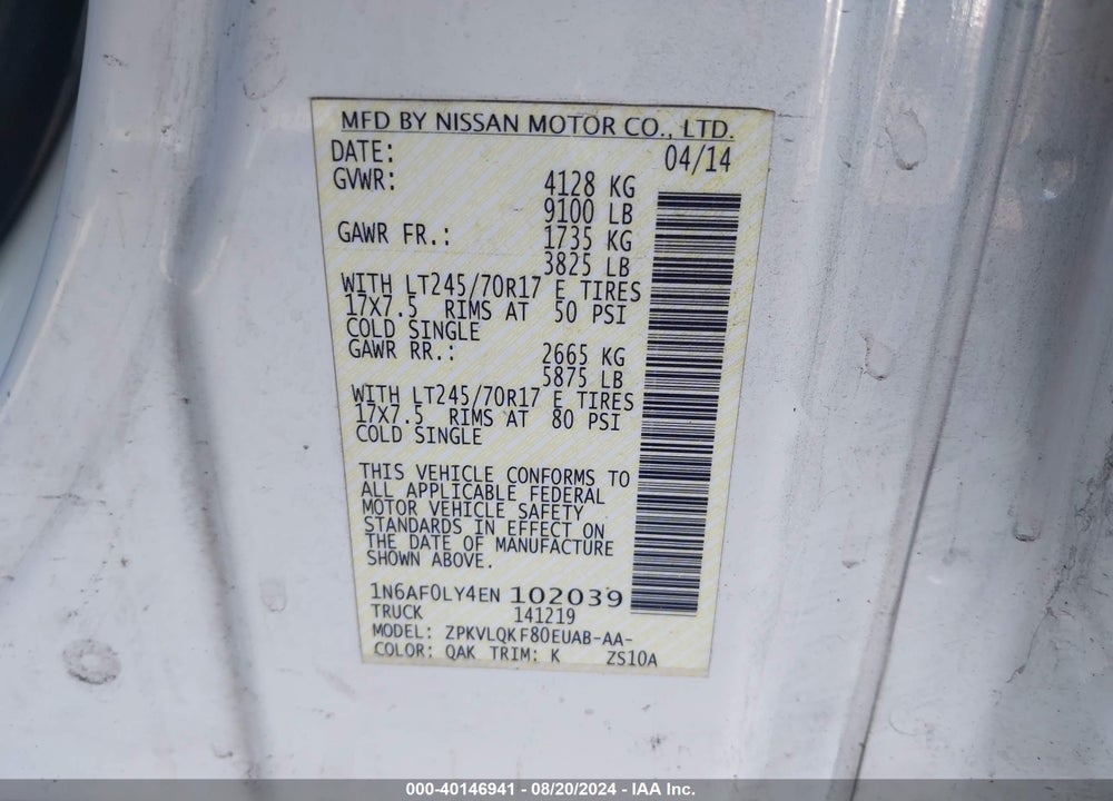 2014 NISSAN NV CARGO NV2500 HD S V8/SV/SV V8 VIN: 1N6AF0LY4EN102039