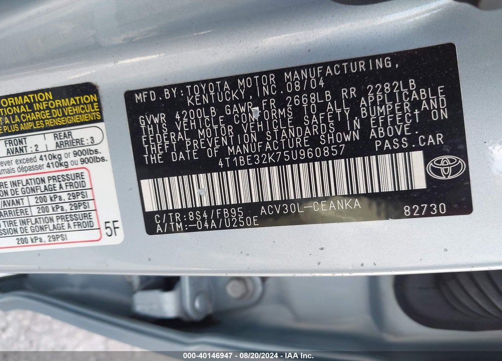 2005 TOYOTA CAMRY LE/SE/STD/XLE VIN: 4T1BE32K75U960857