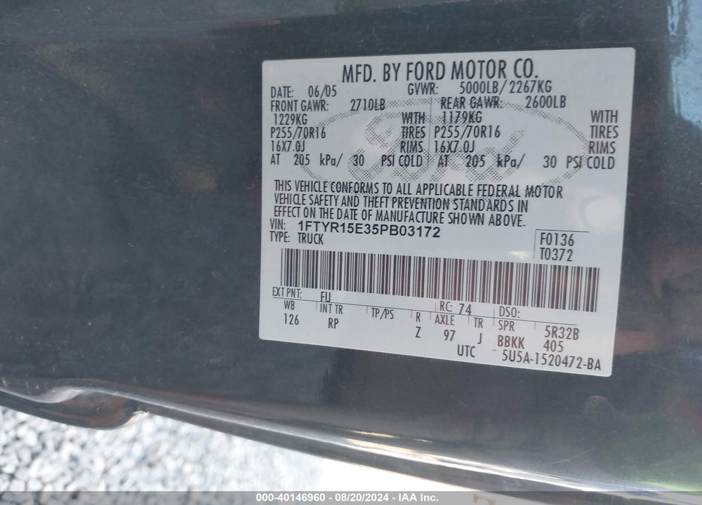 2005 FORD RANGER VIN: 1FTYR15E35PB03172