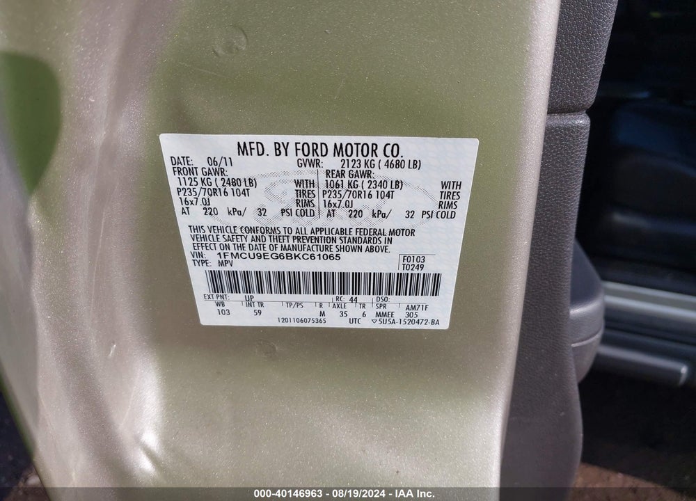 2011 FORD ESCAPE LIMITED VIN: 1FMCU9EG6BKC61065