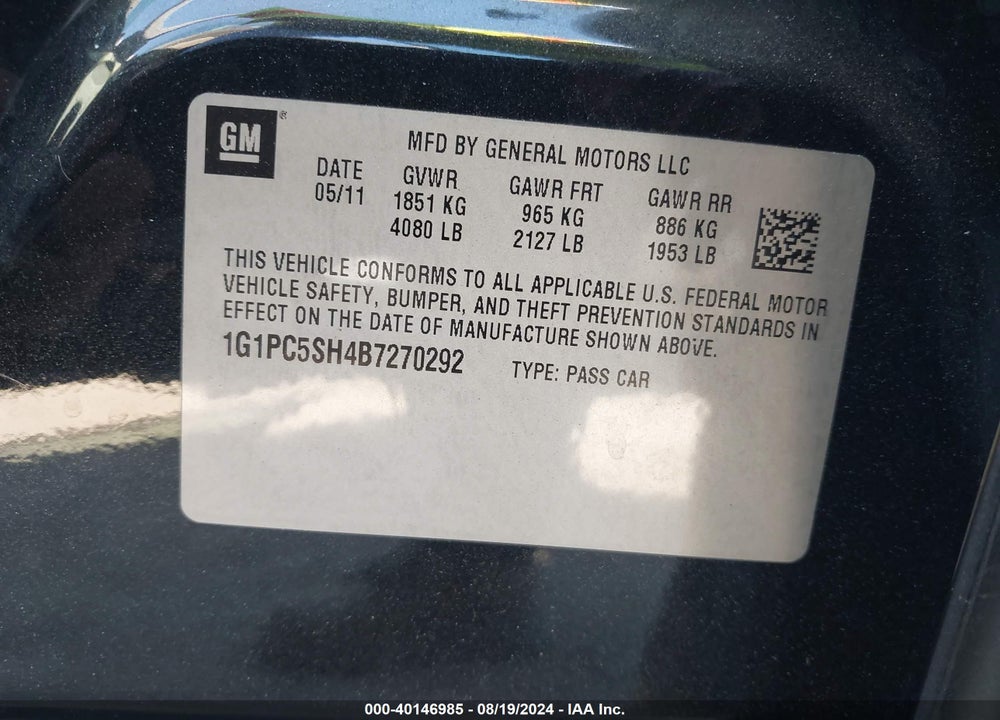 2011 CHEVROLET CRUZE LS VIN: 1G1PC5SH4B7270292