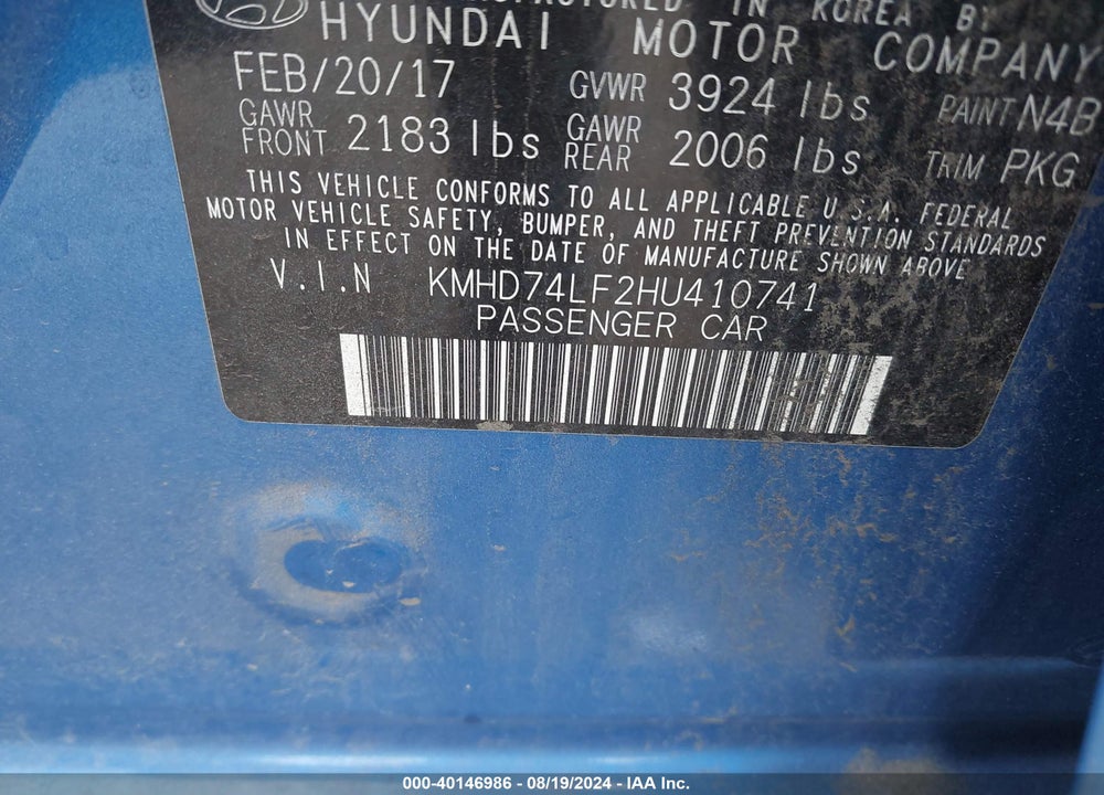 2017 HYUNDAI ELANTRA SE VIN: KMHD74LF2HU410741