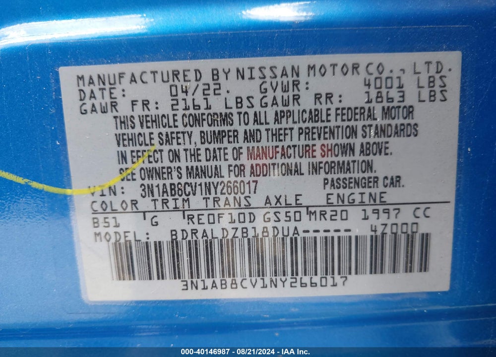2022 NISSAN SENTRA SV XTRONIC CVT VIN: 3N1AB8CV1NY266017
