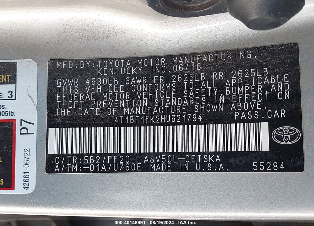 2017 TOYOTA CAMRY SE VIN: 4T1BF1FK2HU621794