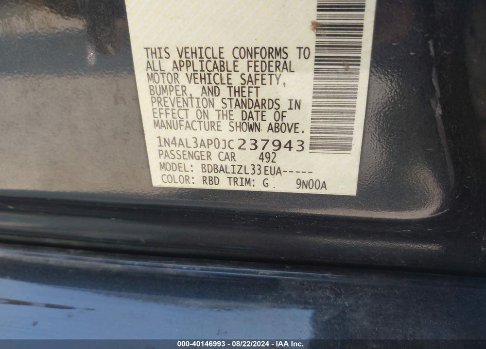 2018 NISSAN ALTIMA 2.5 SV VIN: 1N4AL3AP0JC237943